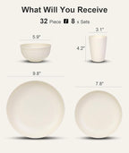 Quatish 32 Piece Plates and Bowls Sets for 8, Unbreakable Dinnerware Sets, Dish Set for Camping, Dishwasher Microwave Safe, Outdoor Kitchen and Apartment Dinning RV Essentials, Beige