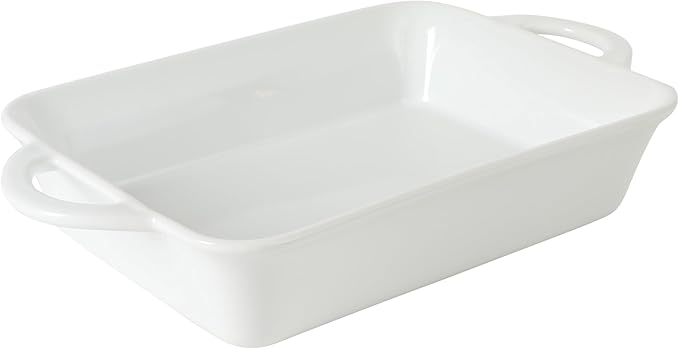 Gibson Home Gracious Dining 2.5-Quart White Stoneware Baking Dish with Handles – 14.6 x 8.5-Inch Rectangular Oven Safe Casserole & Roasting Baker