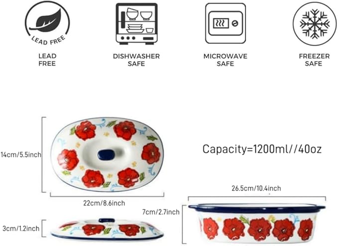 Floral Ceramic Casserole Dish with Lid – 40oz Oval Baking Dish, Oven-Safe Stoneware for Lasagna, Roasting, Serving – Elegant Floral Design, Microwave & Dishwasher Safe – Perfect for 1-2 Person