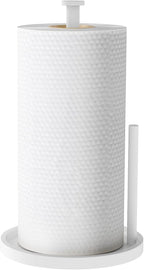 Paper Towel Holder Countertop, Standing Paper Roll Holder with Anti Slip Weighted Base, Stainless Steel Freestanding Paper Towel Holder for Kitchen, White