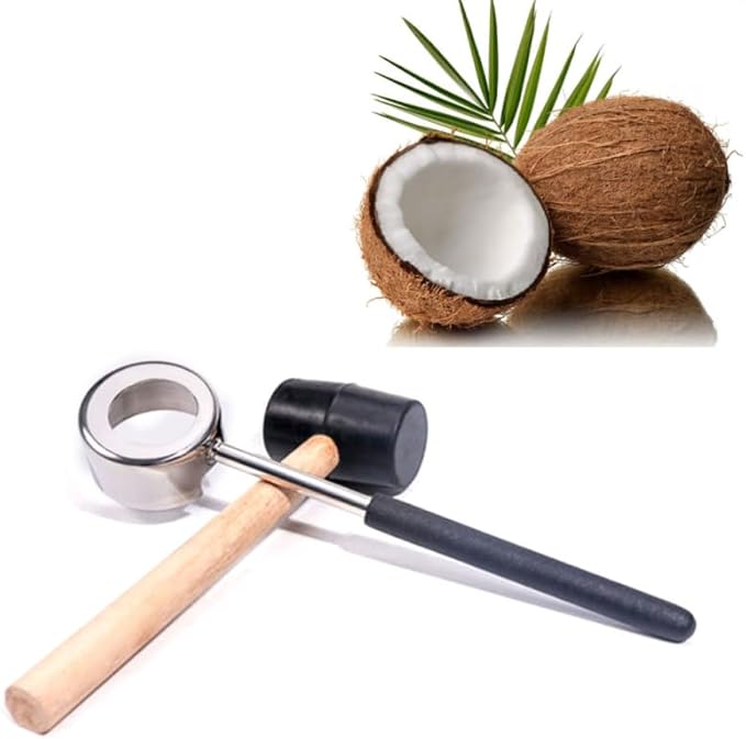 PRETYZOOM 2 Pack Coconut Opener Tool with Hammer Set, Stainless Steel Coconut Puncher with Rubber Mallet, Effortless Fruits Opening Kit for Home