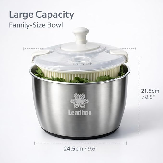 Stainless Steel Salad Spinner, 6L Heavy-Duty Lettuce Dryer with Smooth Spin Handle, Large Vegetable Washer & Fruit Rinse Bowl, Non-Slip Base
