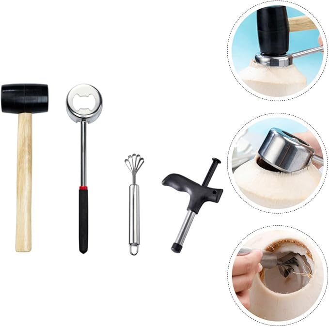 Healifty Stainless Steel Coconut Opener Tool Set 4pcs with Scraper Grater Puncher for Home Kitchen Use Household Coconut Shell Breaker and Meat Removal Gadget