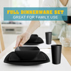 Teivio 48-piece Plastic Wheat Straw Square Dinnerware Set for 12, Unbreakable Dinner Plates, Salad Plates, Snack Bowls, Tumblers 13.5 oz, Dishwasher Safe Kitchen Outdoor Camping RV Dish, Black