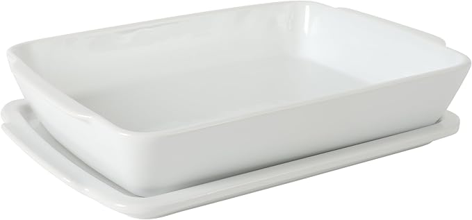 Gibson Home Gracious Dining 2.6-Qt White Stoneware Covered Baking Dish w/Multi-Purpose Lid – 12.7" x 9" Rectangular Oven Safe Casserole, Lasagna & Roasting Baker, Lid Doubles as Serveware or Trivet
