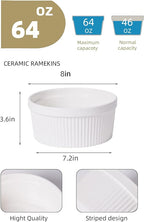 64 oz Ramekins 1 pcs Porcelain Ramekins Dishes for Souffle,Creme Brulee, Pudding, Custard Cups,Bakeware Bowls Set for Baking,Oven Safe, White (8 inch)