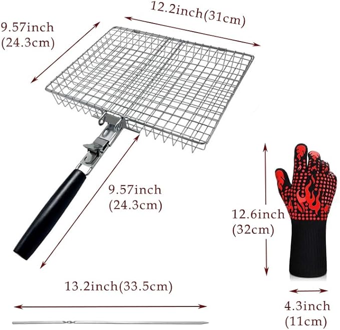 Large Grill Basket Set with Heat-Resistant Gloves & Skewers - Heavy Duty 304 Stainless Steel Folding BBQ Rack for Fish, Meat, Vegetables, Tailgating, Camping Gift for Grill Masters (Dad/Husband)