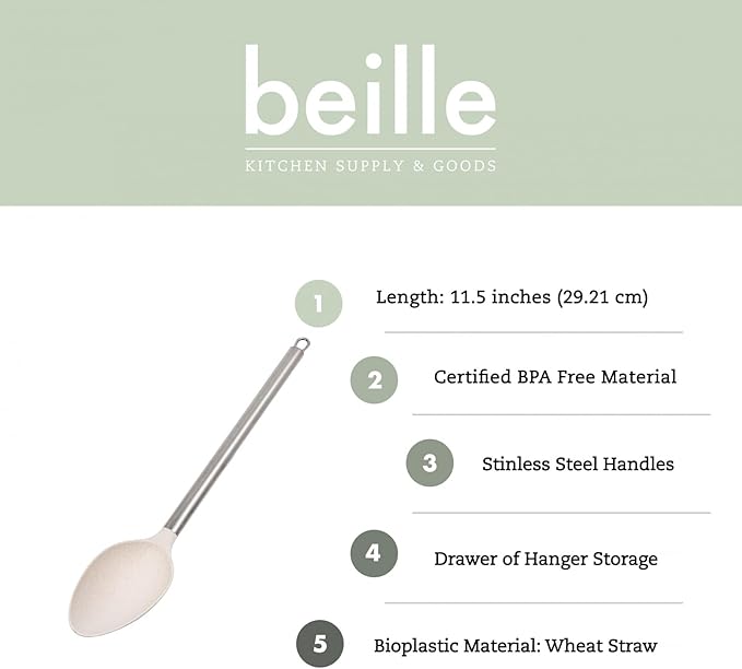 Beille 3pc Wheat Straw Spoons and Ladle Set Cooking Baking Kitchen Utensils, Cream