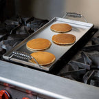 11 x 23 Inch Portable Steel Griddle, Black Rectangle Stovetop Cooking Surface with Heat Resistant Handles, 7 Gauge Polished Steel, Made in USA