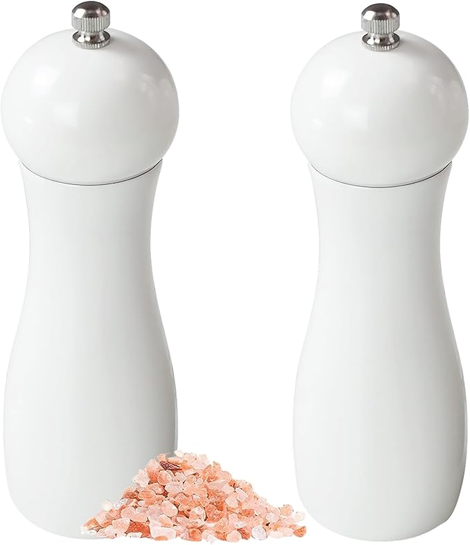 SHIKORI Manual Wooden Salt and Pepper Mills Shakers, 6.5 inch Salt and Pepper Grinders Set,Ceramic Rotor with Strong Adjustable Coarseness-White-2Pcs