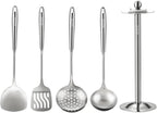 5 Pieces Cooking Utensils set, 18/8 Stainless Steel Kitchen Utensil Set with Rotating Holder (Dishwasher Safe)