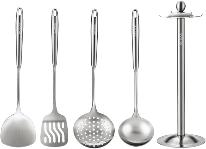 5 Pieces Cooking Utensils set, 18/8 Stainless Steel Kitchen Utensil Set with Rotating Holder (Dishwasher Safe)