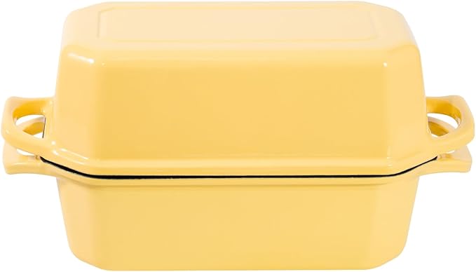 Flavehc Bread Pan Cast Iron Loaf Pan with Lid Bread Loaf Pan 8.5x4.5 Inch Loaf Pan Enameled Cast Iron Sourdough Loaf Pan, Yellow
