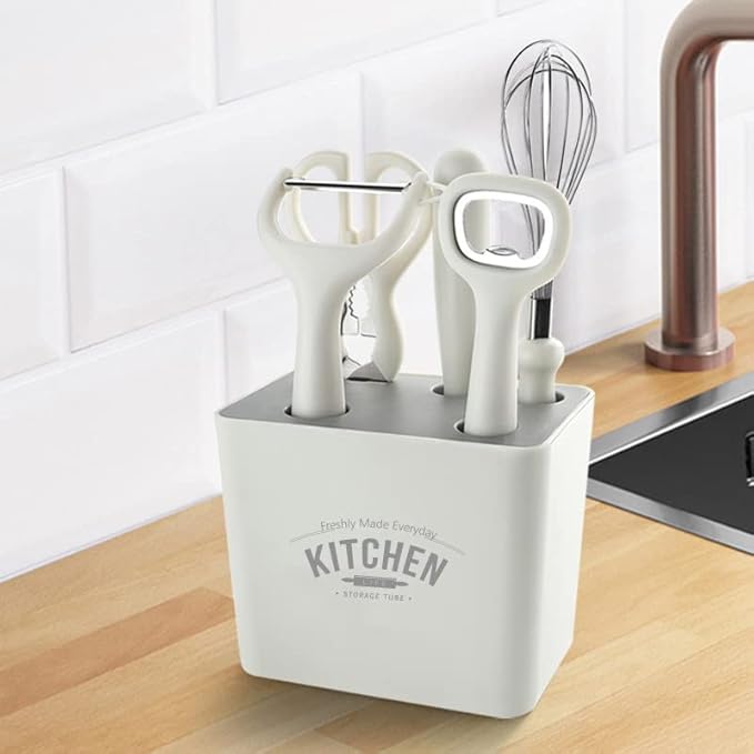 Kitchen Utensil Set with Storage Holder, 6 Piece White Stainless Steel Tool Set, Includes Peeler, Whisk, Bottle Opener, Knife, Scissors, Organizer Caddy