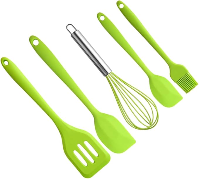 Homoyoyo Silicone Baking Utensil Set 5pcs with Egg Whisk and Spatula, Heat Resistant Non-stick Kitchen Cooking Tools for Home Baking, Green