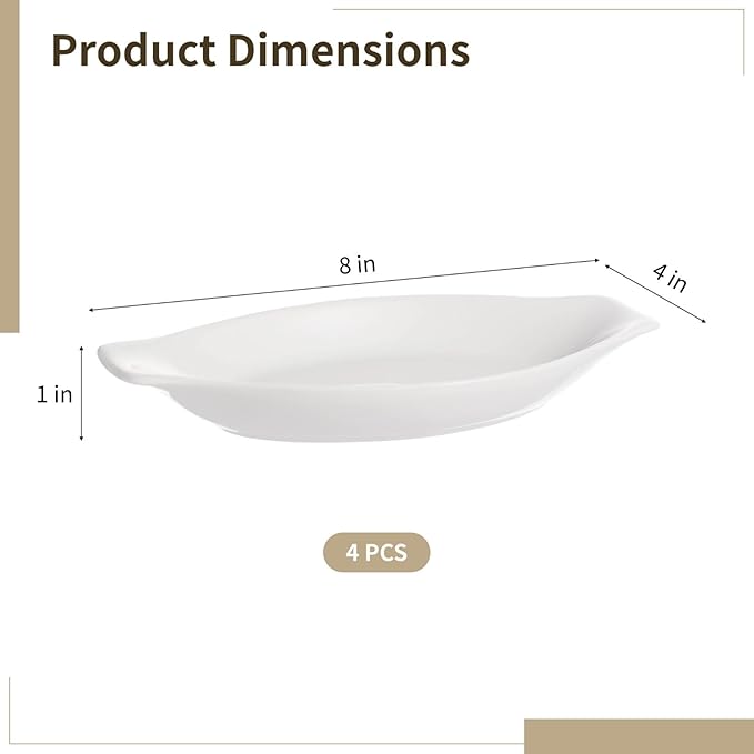 4 Pcs Oval Au Gratin Baking Dishes, Ceramic Banana Split Dish Boats, 8 X 4 In Oval Oven & Microwave Safe Serving Dishes, Mini Casserole Dishes With Handles, Easy To Clean And Stackable