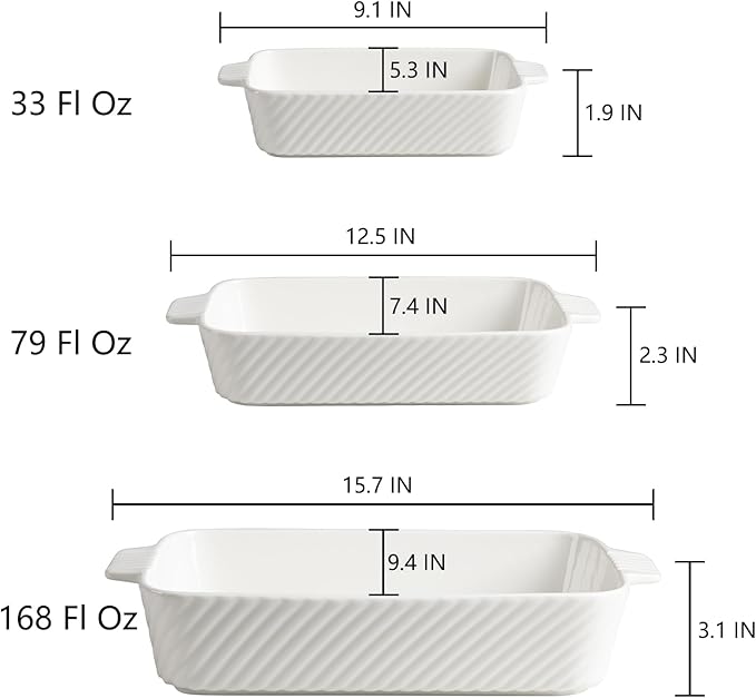 Sweejar Ceramic Baking Dish Set, Cake Baking Dish for Brownie, Porcelain Striped Casserole Dishes for Oven with Handle for Lasagna, Family Dinner(White)