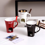 Fondue Mugs,Fondue Cup,Heat Resistant Ceramic Mini Fondue Set with Forks - Reusable Chocolate Melting Cup for Desserts, Date Nights & Parties (RED)