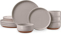 E-far 12-Piece Ceramic Dinnerware Sets, Plates and Bowls Sets for 4, Stoneware Dishware Dishes Set with Terracotta Base, Chip & Scratch Resistant, Microwave & Dishwasher Safe, Speckled Khaki