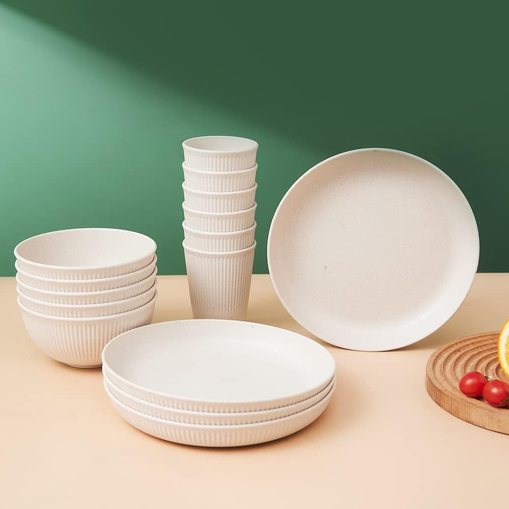 18 Piece Wheat Straw Dinnerware Set – Unbreakable Reusable Plates & Bowls