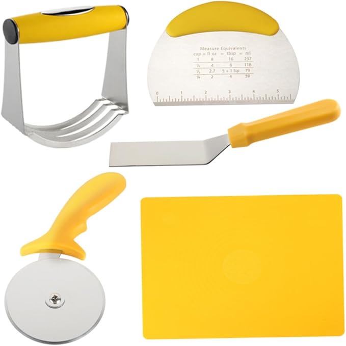 Zerodeko 5pcs Stainless Steel Pizza Cutter and Silicone Dough Kneading Mat Set with Measurement for Baking and Kitchen Cooking Tools