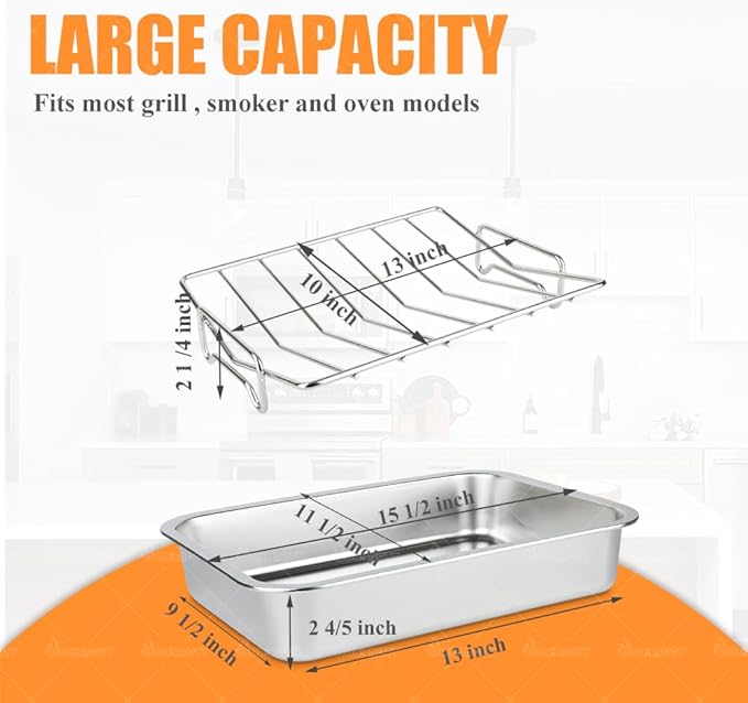 Stainless Steel Turkey Roaster Roasting V Rack with Pan,15.6 * 11.6 * 2.8 inch Roasting Pan for Smoker Smoking and Grilling/for Large Big Green Egg and Kamado Joe Etc