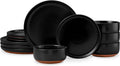 E-far 12-Piece Stoneware Plates and Bowls Sets, Dinnerware Sets for 4, Ceramic Dishware Dishes Set with Terracotta Base, Chip & Scratch Resistant, Microwave & Dishwasher Safe, Matte Black