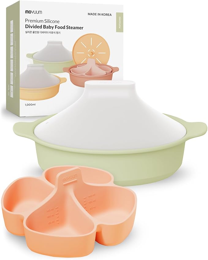 Moyuum Silicone Microwave Divided Steamer | Made in Korea, Baby Food Maker Bowl with 4 Compartment Divider and Steaming Tray, Steam Cooking Pot for Purees and Vegetables, Dishwasher Safe - Pistachio