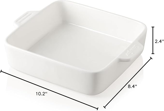 Sweejar Ceramic Baking Dish, 8 x 8 Cake Baking Pan for Brownie, Porcelain Square Bakeware with Double Handle for Casserole, Lasagna, Family Dinner (White)