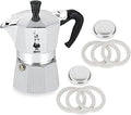 Bialetti Moka Express #06799 3-Cup Espresso Maker Machine and #06960 Bialetti, Six Replacement Gaskets and Two Bialetti Replacement Filter Plates Bundle