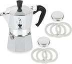 Bialetti Moka Express #06799 3-Cup Espresso Maker Machine and #06960 Bialetti, Six Replacement Gaskets and Two Bialetti Replacement Filter Plates Bundle