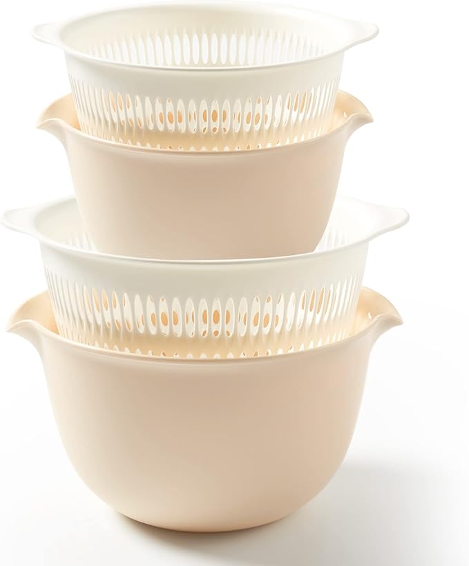 2 in 1 Kitchen Colander Set with Bowl Strainer (2 Sets 2.5 Qt),BPA Free Plastic Fruits and Vegetable Washing Basket,Dishwasher Friendly Double Layered Drain Basin,for Pasta Salad Berry Cleaning Mixing
