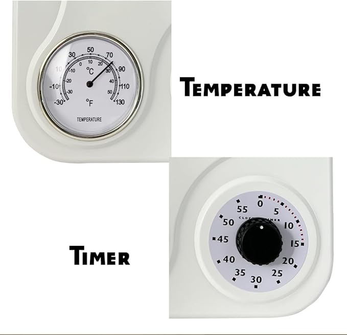 Lily's Home - 9.5 Inch x 12.5 Inch - Retro Kitchen Wall Clock, Vintage Wall Clock with a Thermometer and 60-Minute Timer, Ideal for Any Kitchen, Office, or Diner (White)