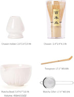 TANG PIN Matcha Set - Match Bowl and Whisk, 15 OZ, Matcha Scoop | Matcha Whisk Stand (Chasen Holder) - 4pc Perfect Matcha Kit for Matcha Tea Ceremony (White)
