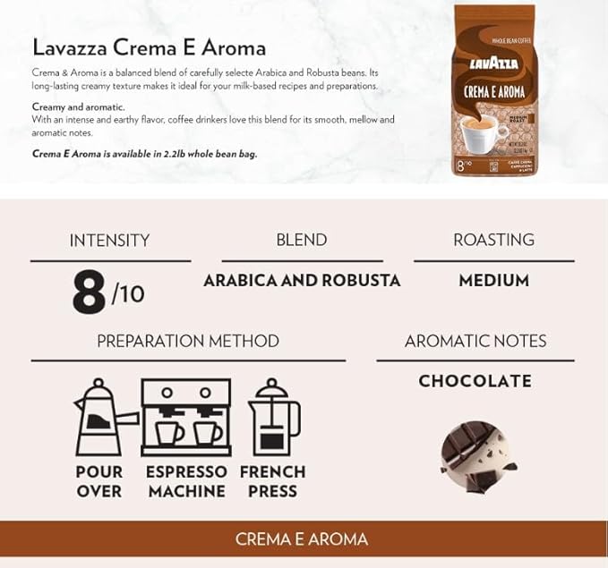 Lavazza Roasted Coffee Beans, Crema E Aroma, 2.20 lbs (Pack of 6)
