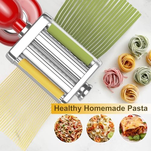 3IN1 Pasta Maker Attachment for All KitchenAid Mixers, Pasta Attachment Includes Pasta Sheet Roller, Spaghetti Cutter & Fettuccine Cutter, with Cleaning Brush