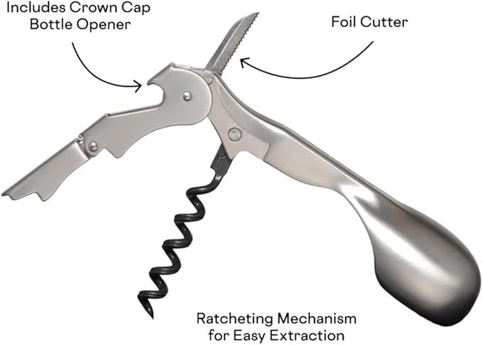 Corkcicle Wine Key - Bartender Multi Tool With Corkscrew, Bottle Opener & Foil Cutter - Ratcheting Mechanism - Curved Handle - Professional Grade Bartending Tool - For Kitchen - Stainless Steel
