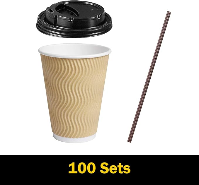 SPRINGPACK Disposable Paper Coffee Cups with Lids, 100 pack 12 oz Ripple Wall Insulated To Go Coffee Cups for Hot/Cold Beverage, Recyclable Takeaway Drinking Cups for Home Office Cafe Party