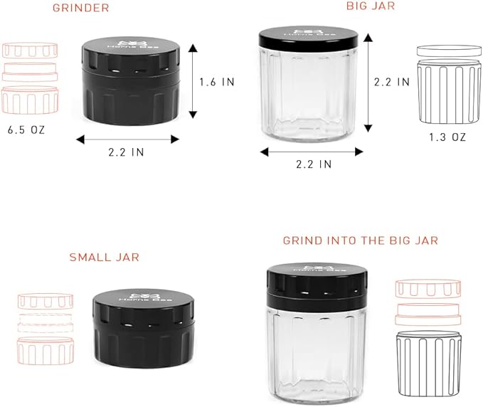 Horns Bee Herb Grinder Containers - Multipurpose Metal Spice Mill with Stash Jar, All-in-One Air Tight Sealable Containers, 2.2'' Sharpstone Grinder, with Accessories and Carrying Pouch