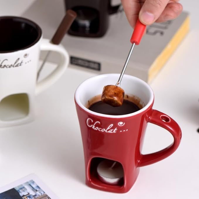 Chocolate Melting Mug With Candle, Ceramic Fondue Mug Meltie Cup, Melting Love Cup, Ideal Gifts For Christmas, Birthday, Wedding (Brown+Red)