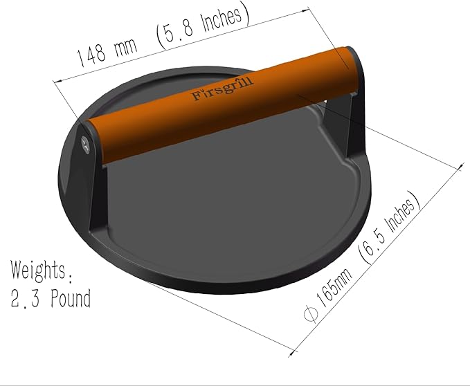 Firsgrill Burger Press 6.6" Round Heavy-Duty Cast Iron Smash Meat Steak with Wood Handle for Blackstone Weber Treager Griddle Grills (YPX) (Flate 6.5" Round)