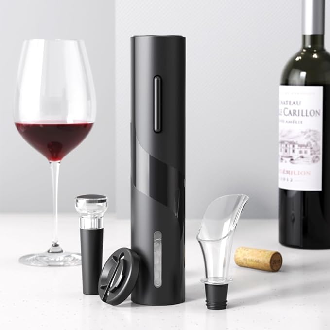 Electric Wine Opener Set, Battery Operated Wine Bottle Opener Set, Cordless Automatic Corkscrew with Foil Cutter, Pourer, Vacuum Stopper, Fast Cork Removal, Gift Idea for Wine Lovers, Black