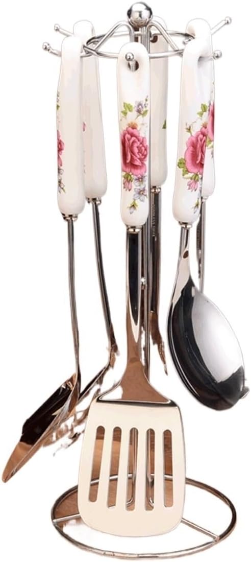Ceramic Handles Cooking Tool Set Stainless Steel Kitchen Utensils Of Cookers Shovels Spoons(Black)