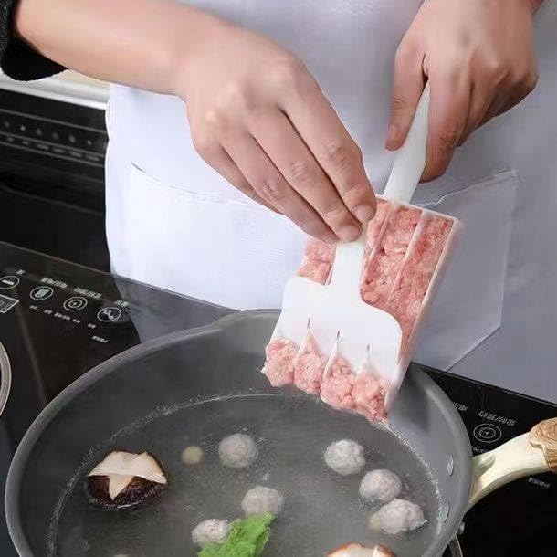 White Creative Kitchen Meatball Maker, 4 Baller Spoons with Cutting Spade, Multifunction Ice Cream Scoop, DIY Meatball, Patty, Fish Ball, Burger Making Tools