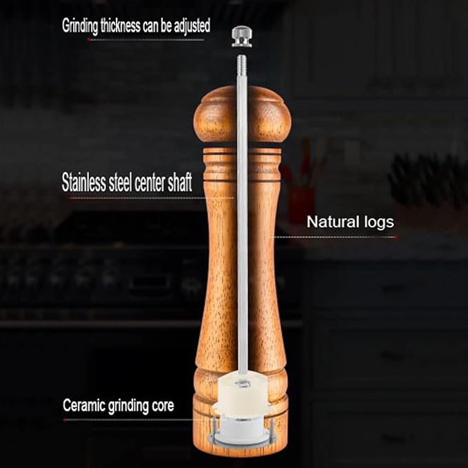 Wooden Pepper Mill Set Salt Pepper Grinder Kit Manual Mills Solid with Strong Adjustable Ceramic Grinders 2 Piece 8 Inches
