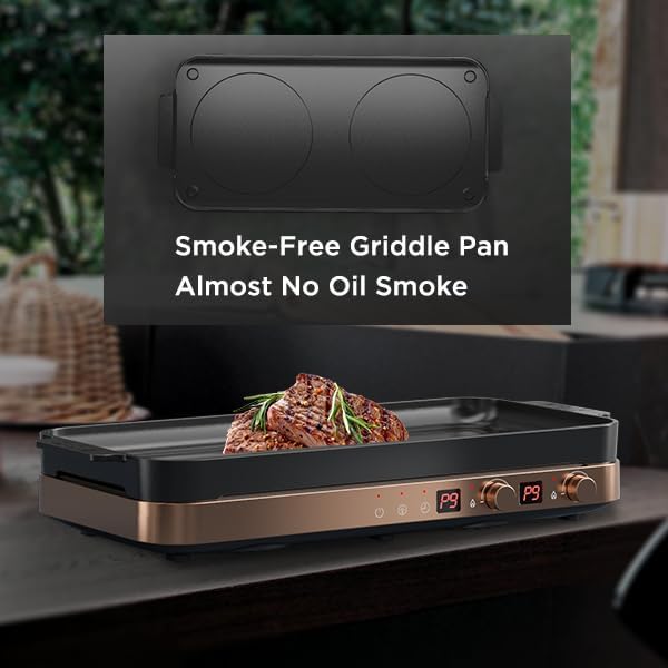Portable Compact 2 Burner Induction Cooktop Electric Stove w/Smokeless Cast Iron Griddle Grill & Temperature Control & Child Lock, Rose Gold