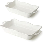 Perlette Cream Large Rectangular Ceramic Baker – 19 x 10 Inch Scalloped Oven-to-Table Stoneware Bakeware with Beaded Rim – Elegant Farmhouse Bake Dish for Lasagna, Casseroles, and Hosting