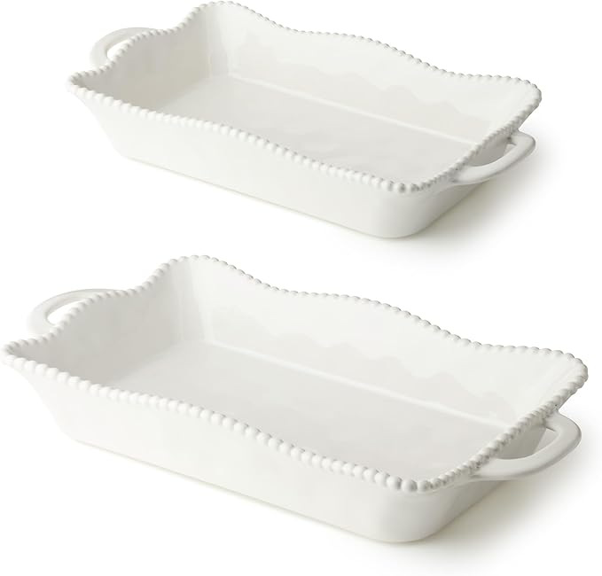 Perlette Cream Large Rectangular Ceramic Baker – 19 x 10 Inch Scalloped Oven-to-Table Stoneware Bakeware with Beaded Rim – Elegant Farmhouse Bake Dish for Lasagna, Casseroles, and Hosting