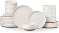 E-far 24-Piece Stoneware Dinnerware Sets, Plates and Bowls Sets for 8, Ceramic Dishware Dishes Set with Terracotta Base, Chip & Scratch Resistant, Microwave & Dishwasher Safe, Speckled White