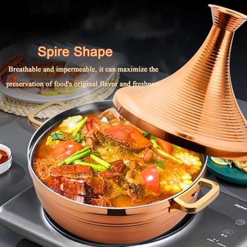 Large Stainless Steel Moroccan Tagine Pot, Non-Stick 30cm Tajine Casserole with Cone Lid & 2 Handles, Elegant Gold Design for Authentic Moroccan Cooking